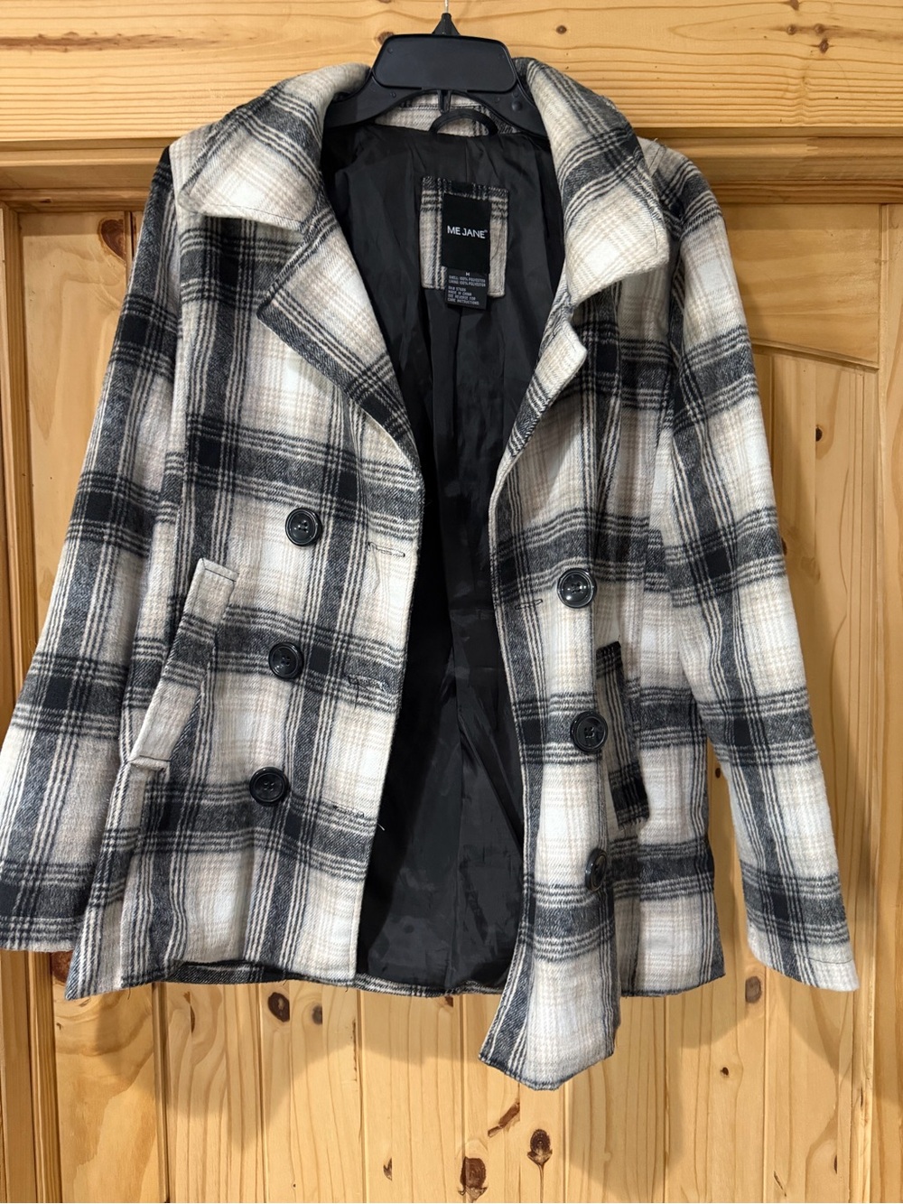 Me Jane Black & White Plaid Double-Breasted Pea Coat